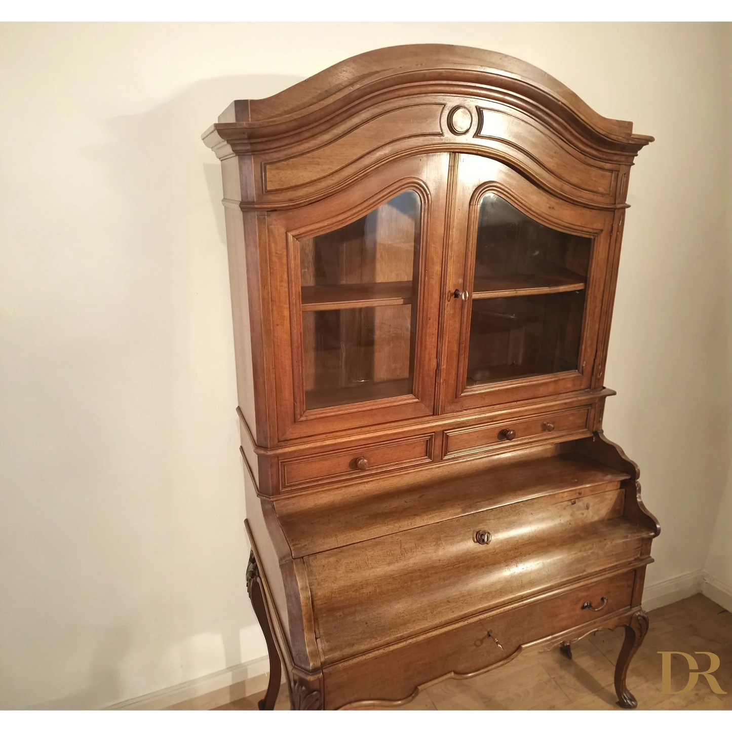 Credenza in rovere massello con scrittoio e vetrina ottocentesca restaurata