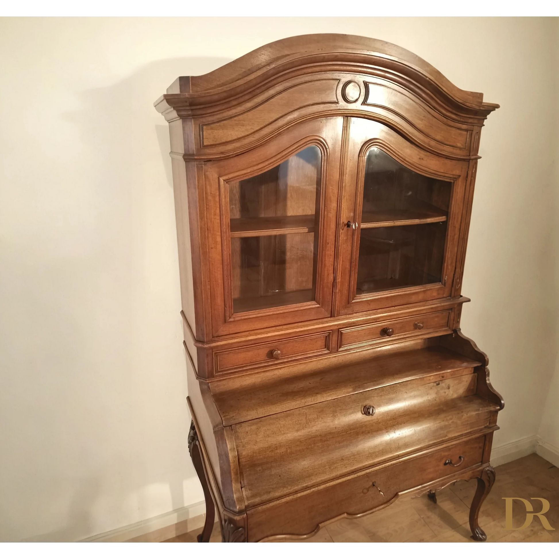 Credenza in rovere massello con scrittoio e vetrina ottocentesca restaurata