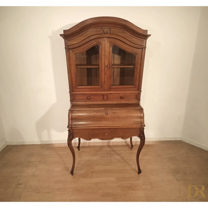 Credenza in rovere massello con anta in vetro e gambe curve, autentico scrittoio ottocento