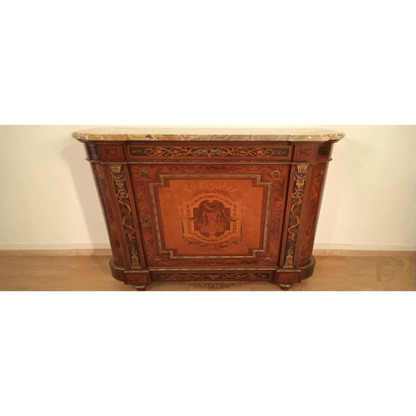 Ornate wooden console table with marble top, splendida credenza bassa con inlay