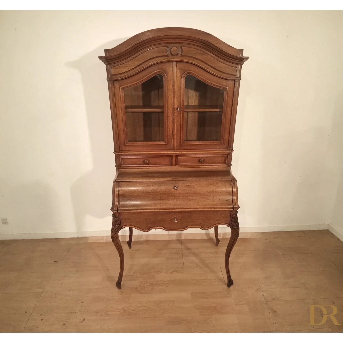 Antique credenza scrittoio ribalta rovere massello con ante in vetro e gambe curvate