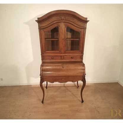 Antique credenza scrittoio ribalta rovere massello con ante in vetro e gambe curvate