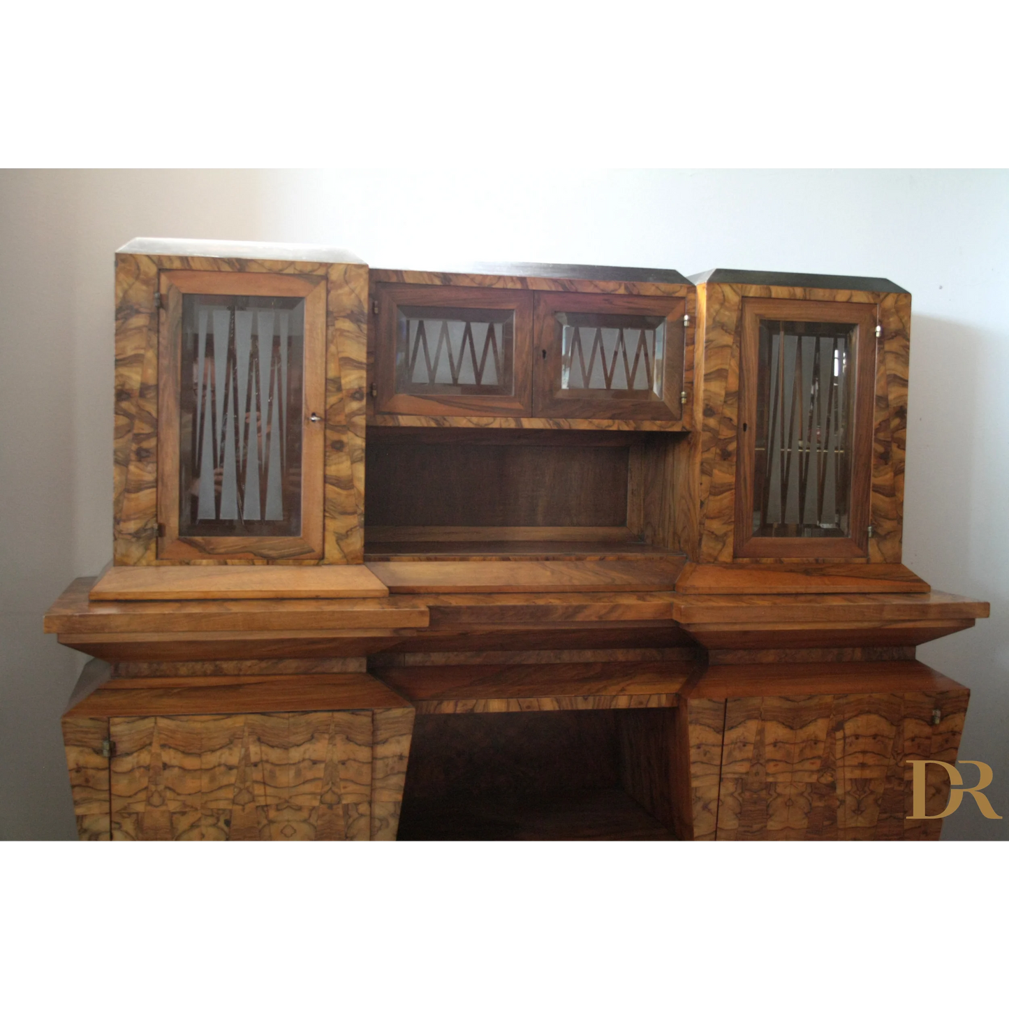 Credenza due corpi Art Decò Italia Roma con scrivania in legno e ante in vetro