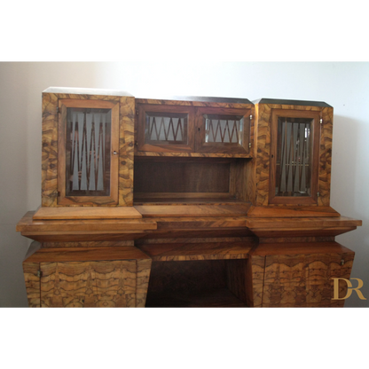 Credenza due corpi Art Decò Italia Roma con scrivania in legno e ante in vetro