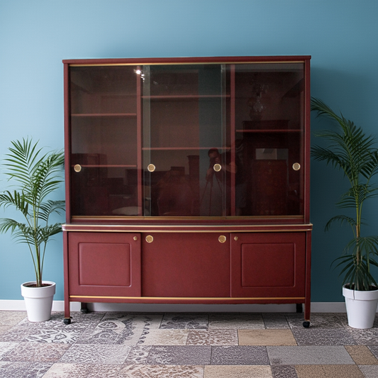 Credenza o Libreria anni 50 in similpelle bordeaux di Umberto Mascagni con design italiano d’epoca