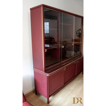 Credenza o libreria a due corpi in similpelle bordeaux di Umberto Mascagni degli anni 50
