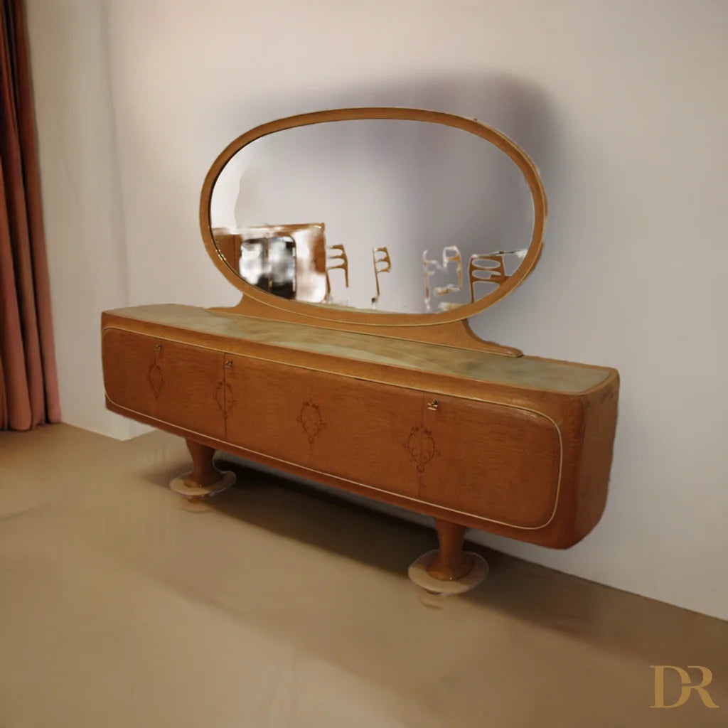 Specchio ovale su credenza mid-century moderna di Vittorio Dassi, Dario Raia Antiquariato