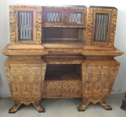 Ornato credenza due corpi art decò con ante in vetro in legno scuro stile decò italia roma realizzata nel 1933