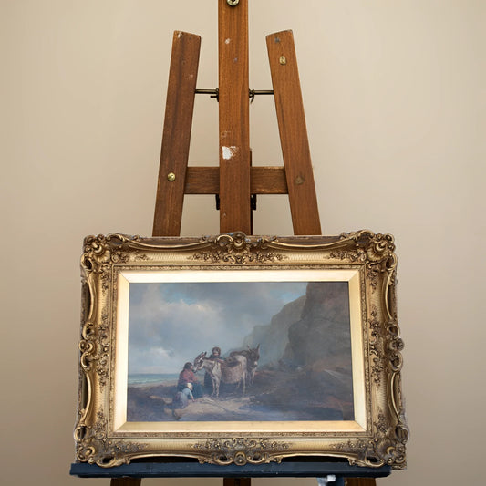 Dipinto con cornice dorata di joseph paul pettitt e george young raffigurante i mussel gatherers sulla costa sud
