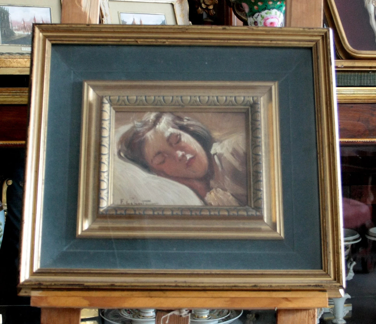 Framed painting bambina dormiente by francesco galante depicting a sleeping woman signed opera