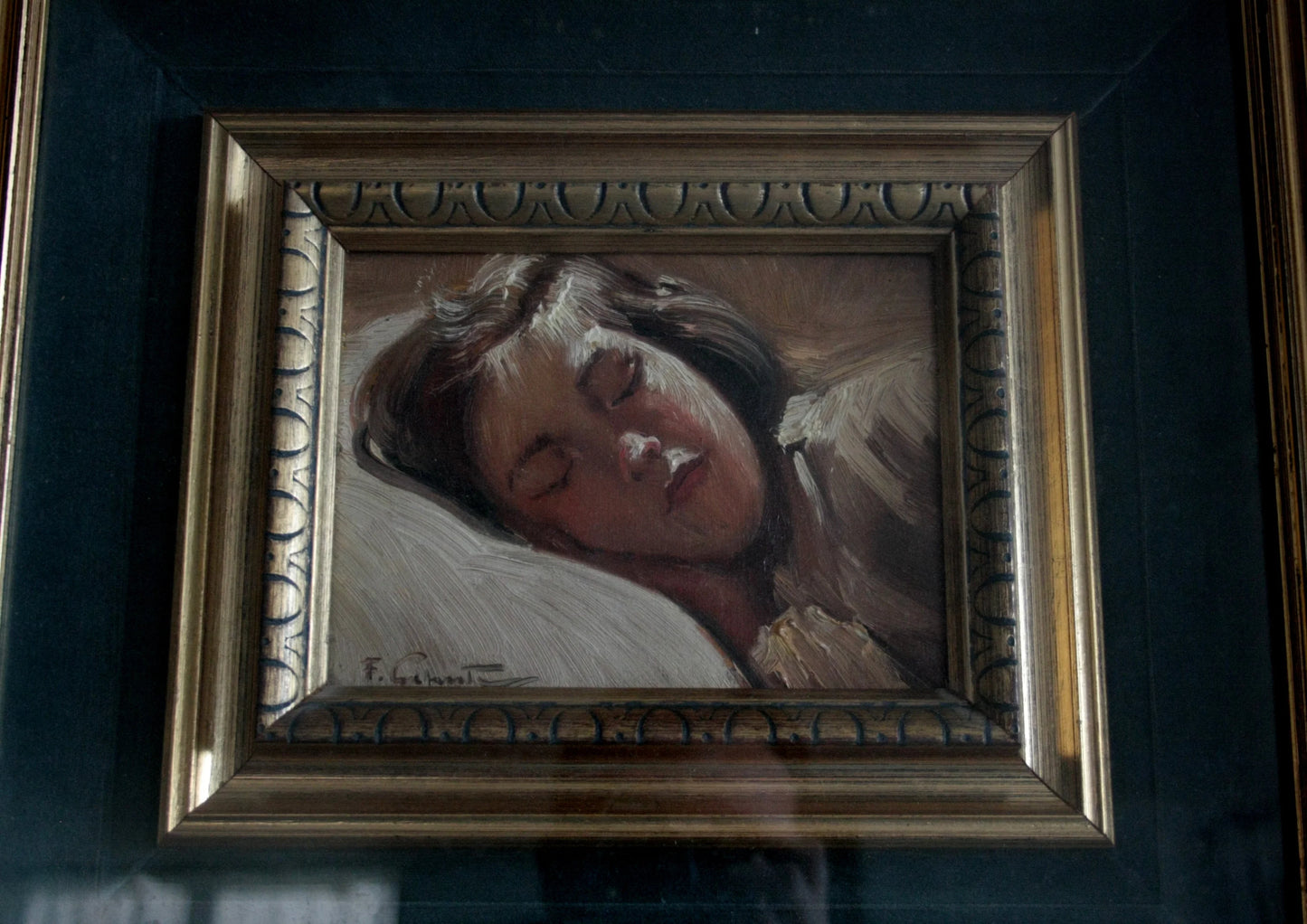 Framed painting bambina dormiente by francesco galante depicting a sleeping woman signed opera