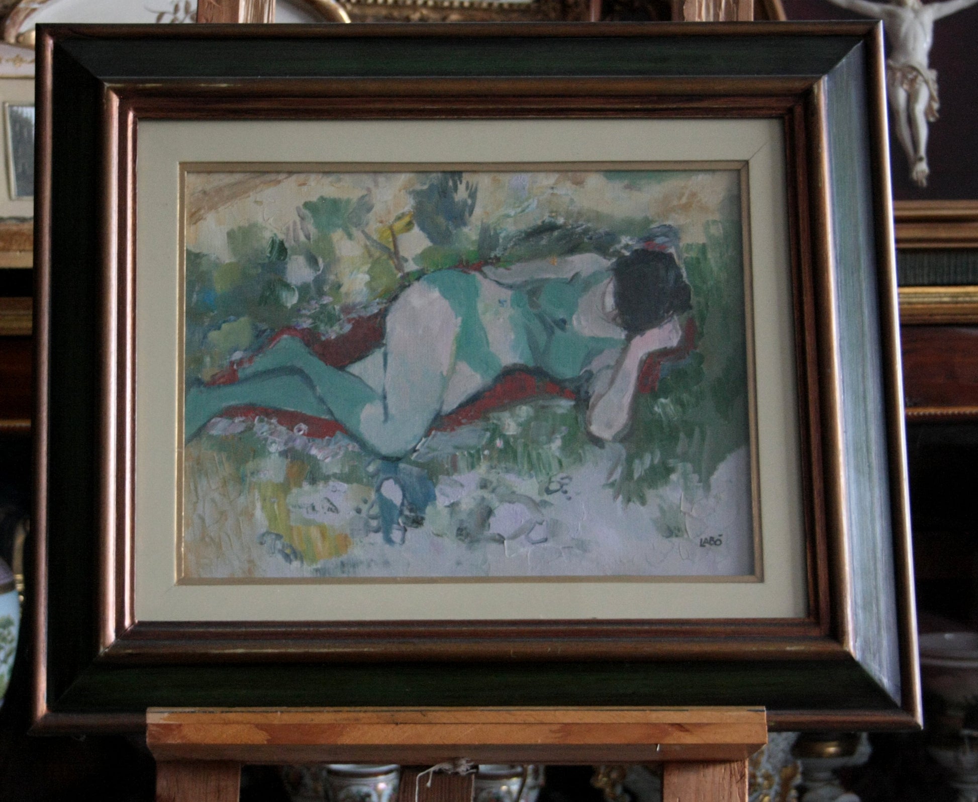 Framed dipinto olio raffigurante ragazza distesa su tela firmata da Savino Labò