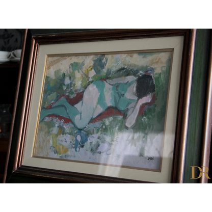 Immagine di un dipinto olio raffigurante ragazza su tela firma bel dipinto donna distesa