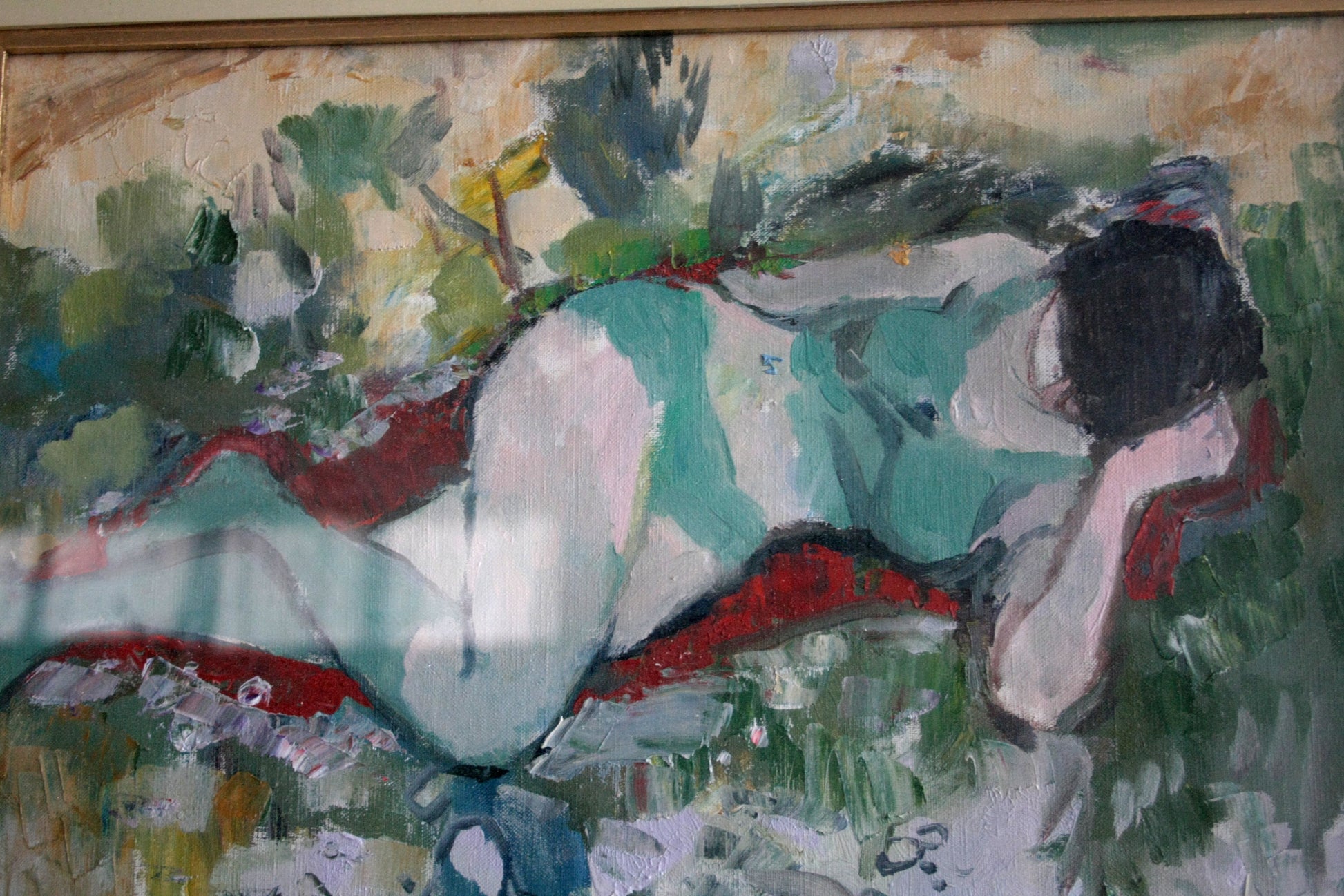 Impressionistic dipinto olio su tela raffigurante ragazza distesa firmata Savino Labò