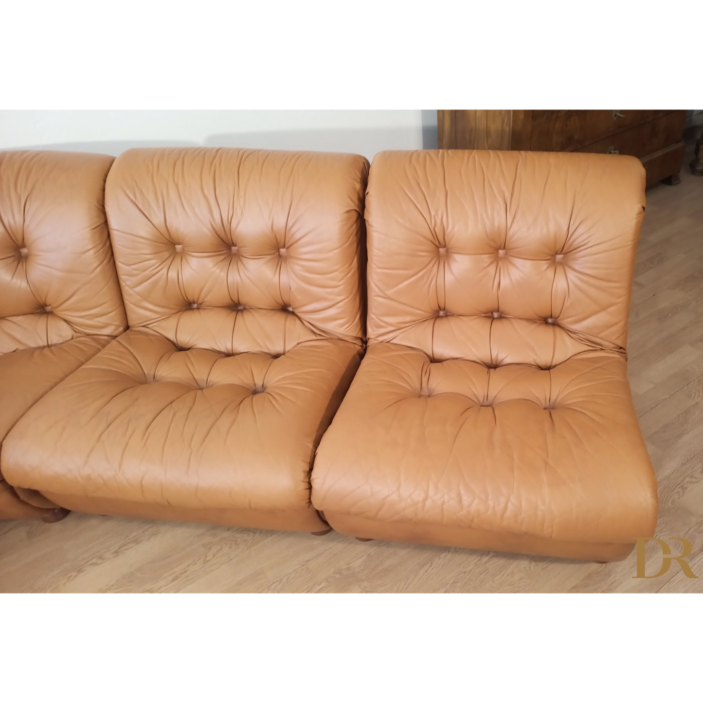 Divano modulare vintage in pelle cognac, Italia, anni '70, set di 5