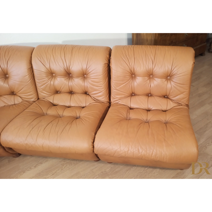 Divano modulare vintage in pelle cognac, Italia, anni '70, set di 5