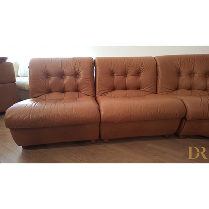 Divano modulare vintage in pelle cognac, Italia, anni '70, set di 5