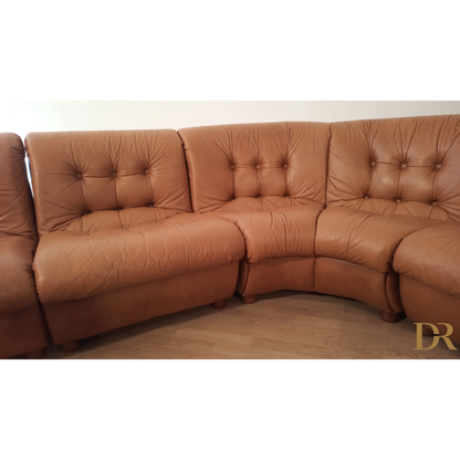 Divano modulare vintage in pelle cognac, Italia, anni '70, set di 5