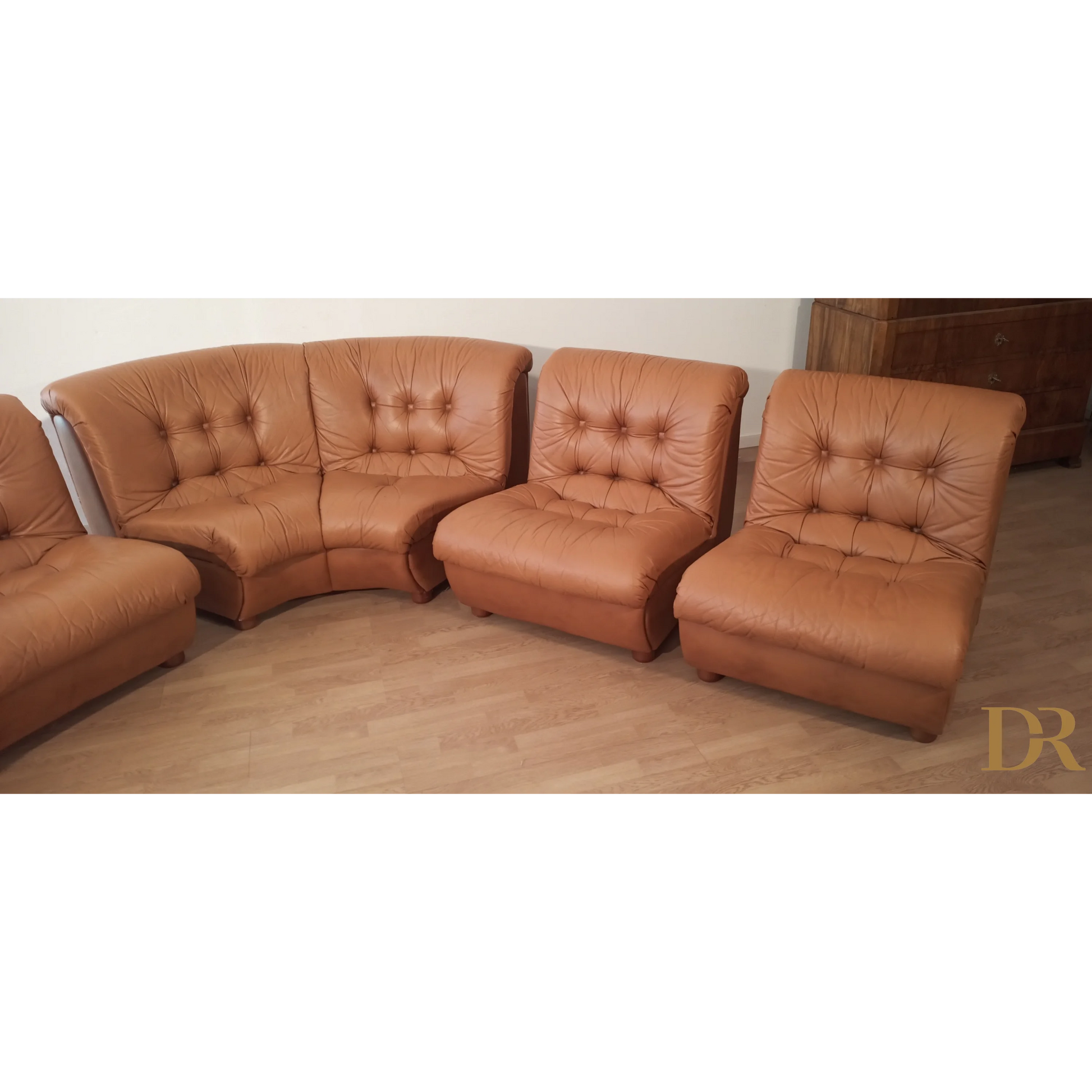 Divano modulare vintage in pelle cognac, Italia, anni '70, set di 5