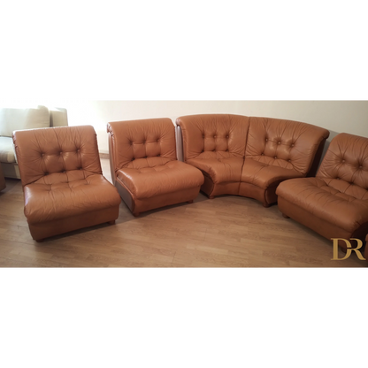 Divano modulare vintage in pelle cognac, Italia, anni '70, set di 5