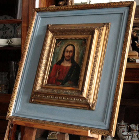 Framed icona ortodossa Cristo pantocratore xviii secolo area russa in legno dipinta con dettagli dorati