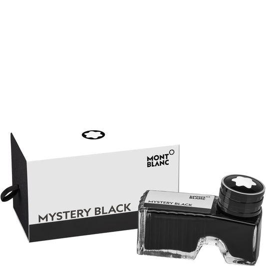 Boccetta di inchiostro montblanc 60ml mystery black nero con corpo in vetro nero e tappo argento con logo stella