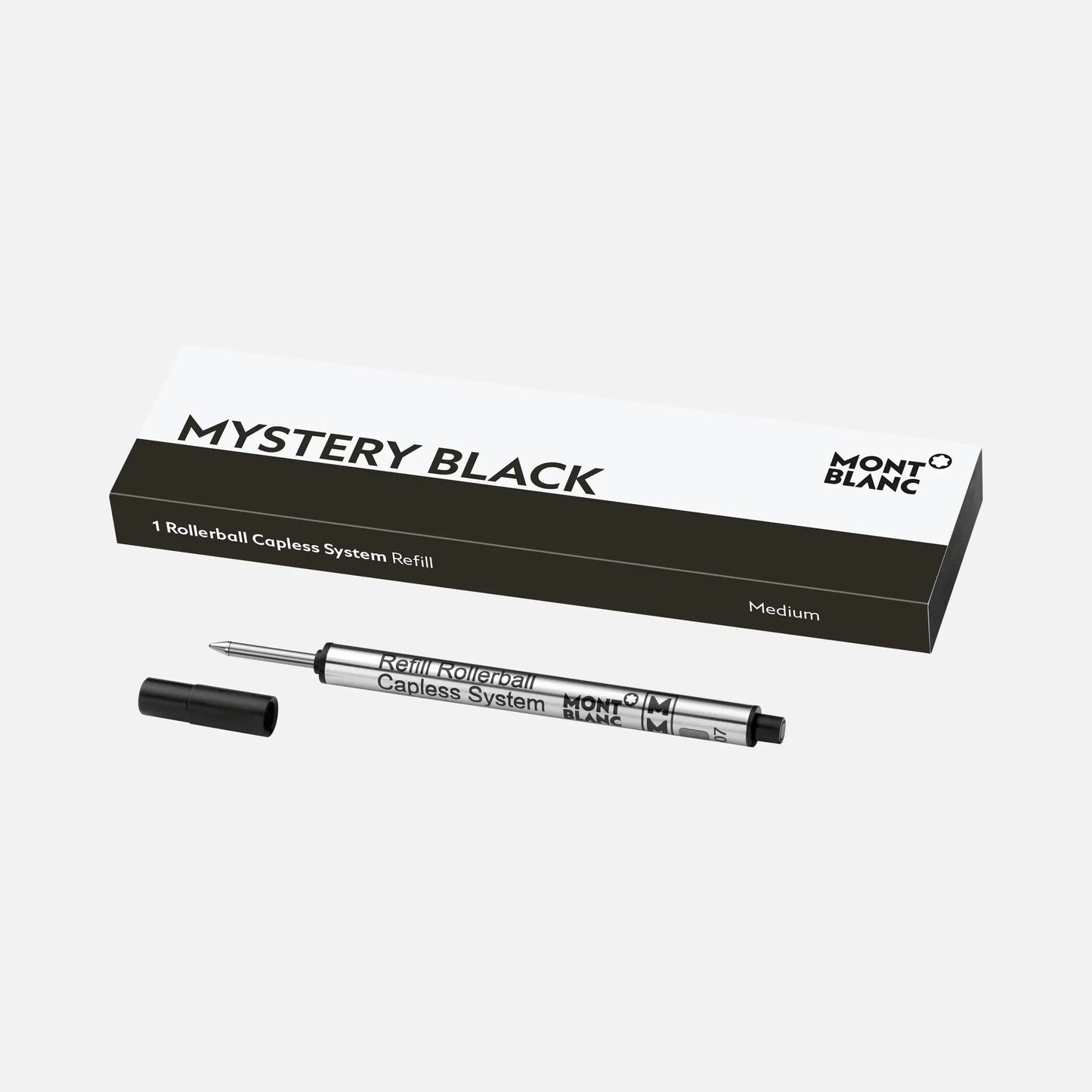Refill montblanc sistema senza cappuccio medio nero mystery black con corpo argento e punta nera m