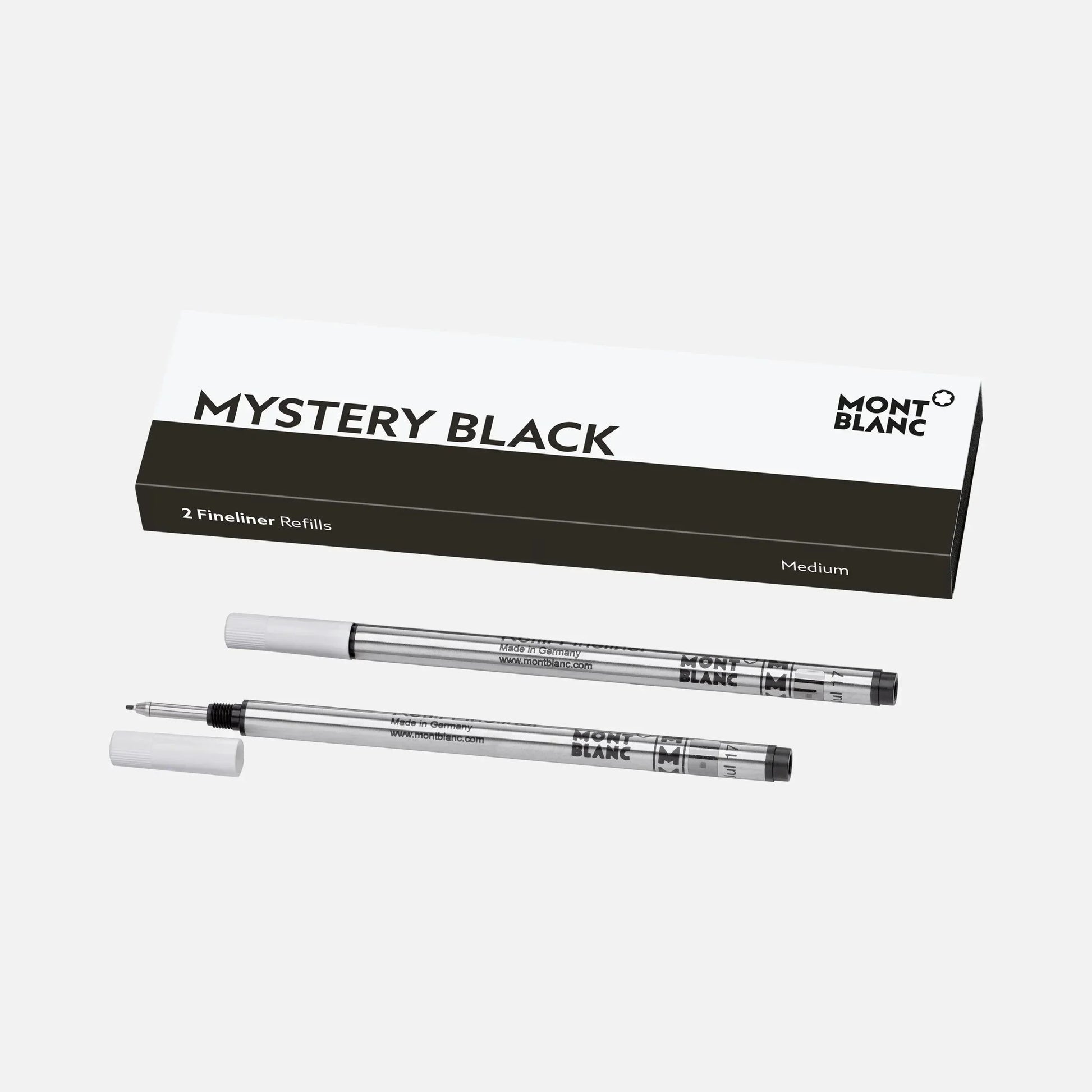 Montblanc 2 refill per fineliner punta m mystery black nero 128246 in eleganti fusti argento con cappucci neri fine punta