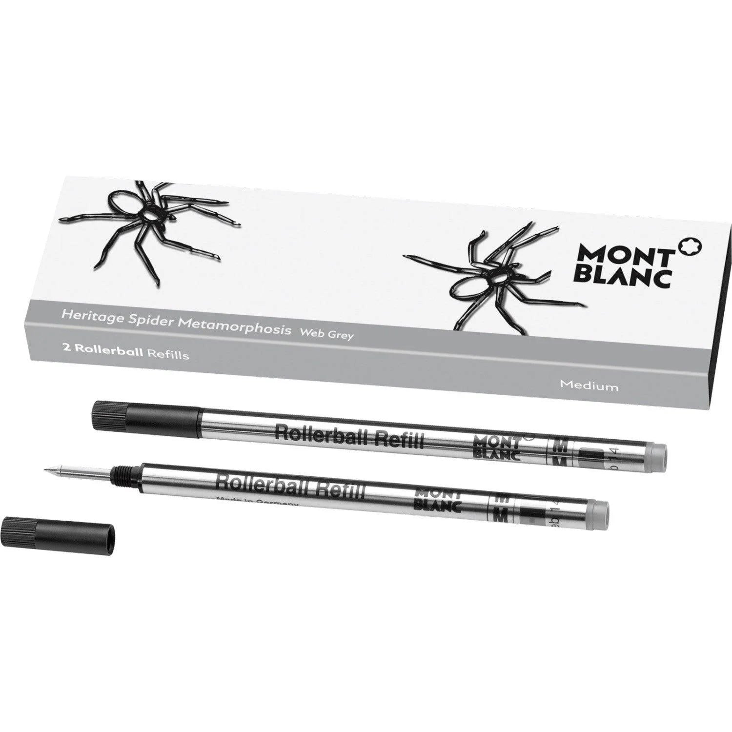 Raccoglitori rollerball montblanc heritage spider grey grigio 2 refill medium point in argento e nero elegante