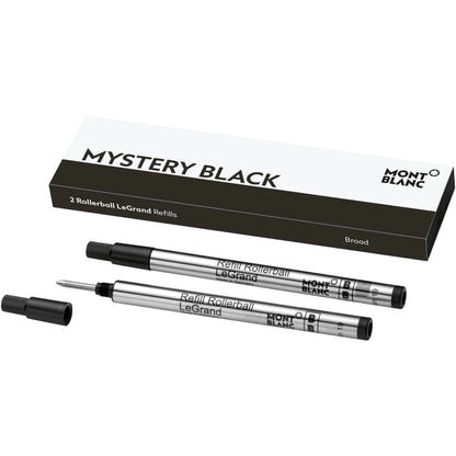 Silver-finished roller Montblanc Legrand rollerball refills with mystery black ink in sleek white and black packaging box