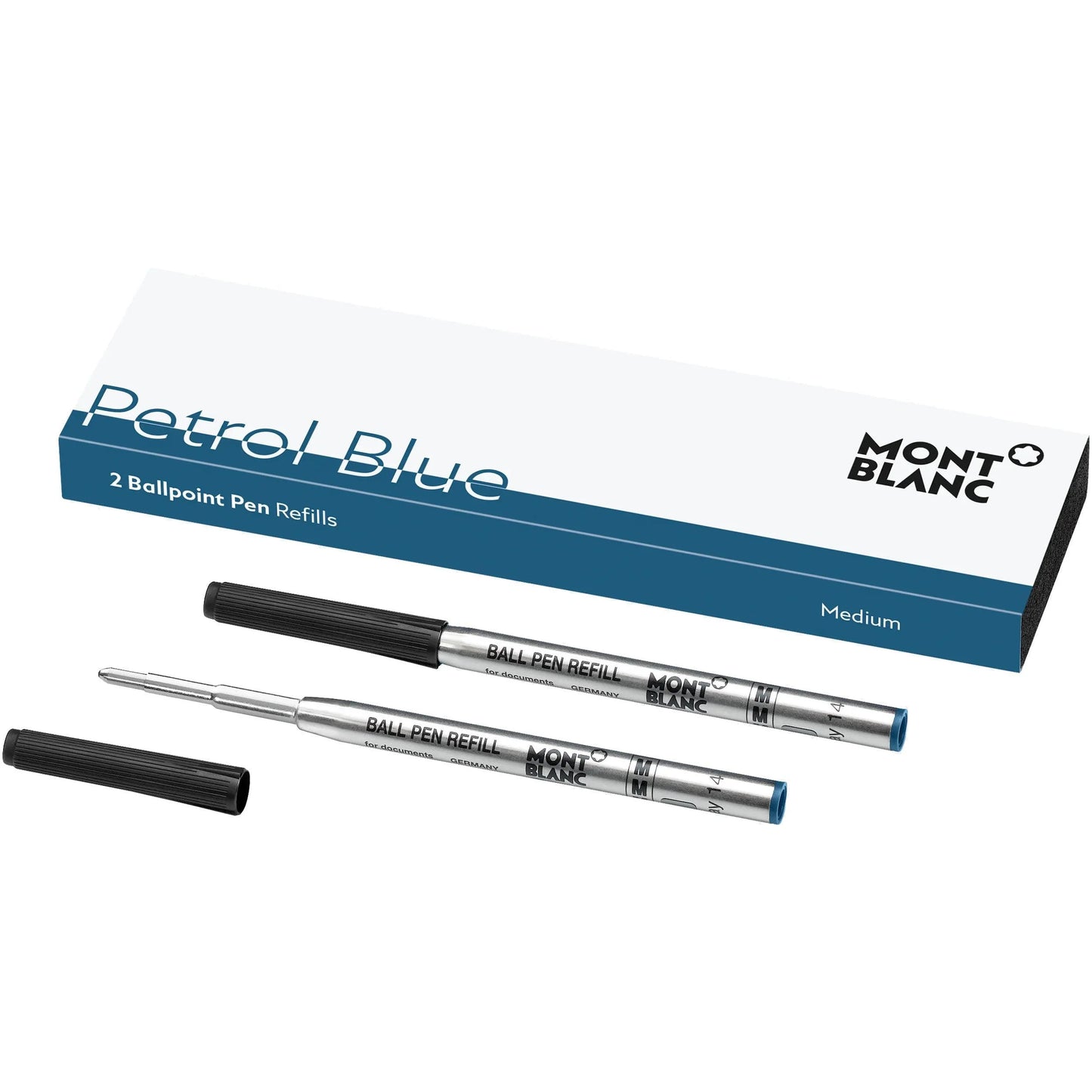 Ricariche per penna a sfera montblanc medium blu petrolio con corpo metallizzato argento e cappuccio nero testurizzato desidera soddisfare appieno