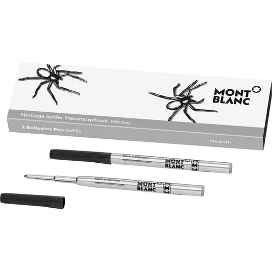 Montblanc refill per penna a sfera heritages spider grey con corpo argentato e cappuccio nero in confezione da 2