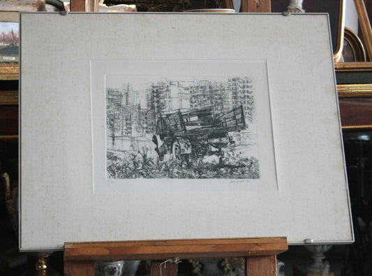 Disegno incorniciato in bianco e nero di un camion di renzo vespignani periferia anno 1956 dimensioni quadro standard