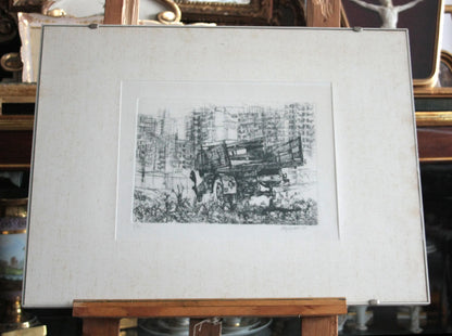 Disegno incorniciato in bianco e nero di un camion in periferia anno 1956 di renzo vespignani dimensioni quadro standard