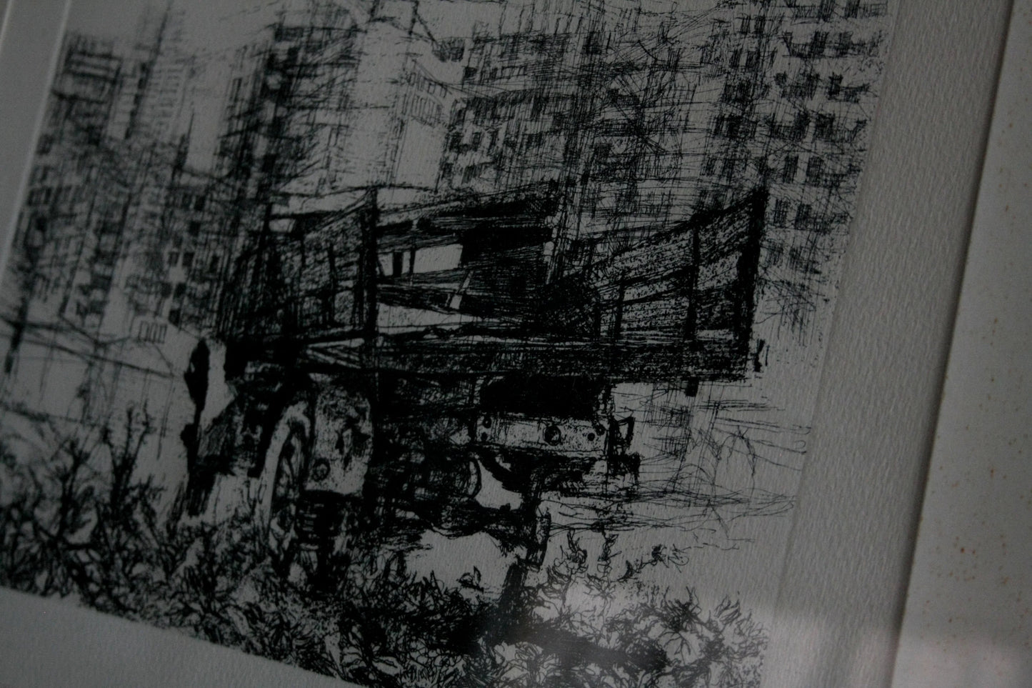 Framed black and white acquaforte drawing by renzo vespignani depicting camion in periferia anno 1956
