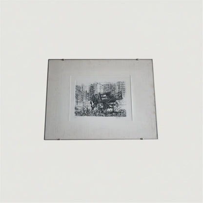 Litografia in bianco e nero incorniciata di renzo vespignani con camion in periferia anno 1956 dimensioni quadro compatte