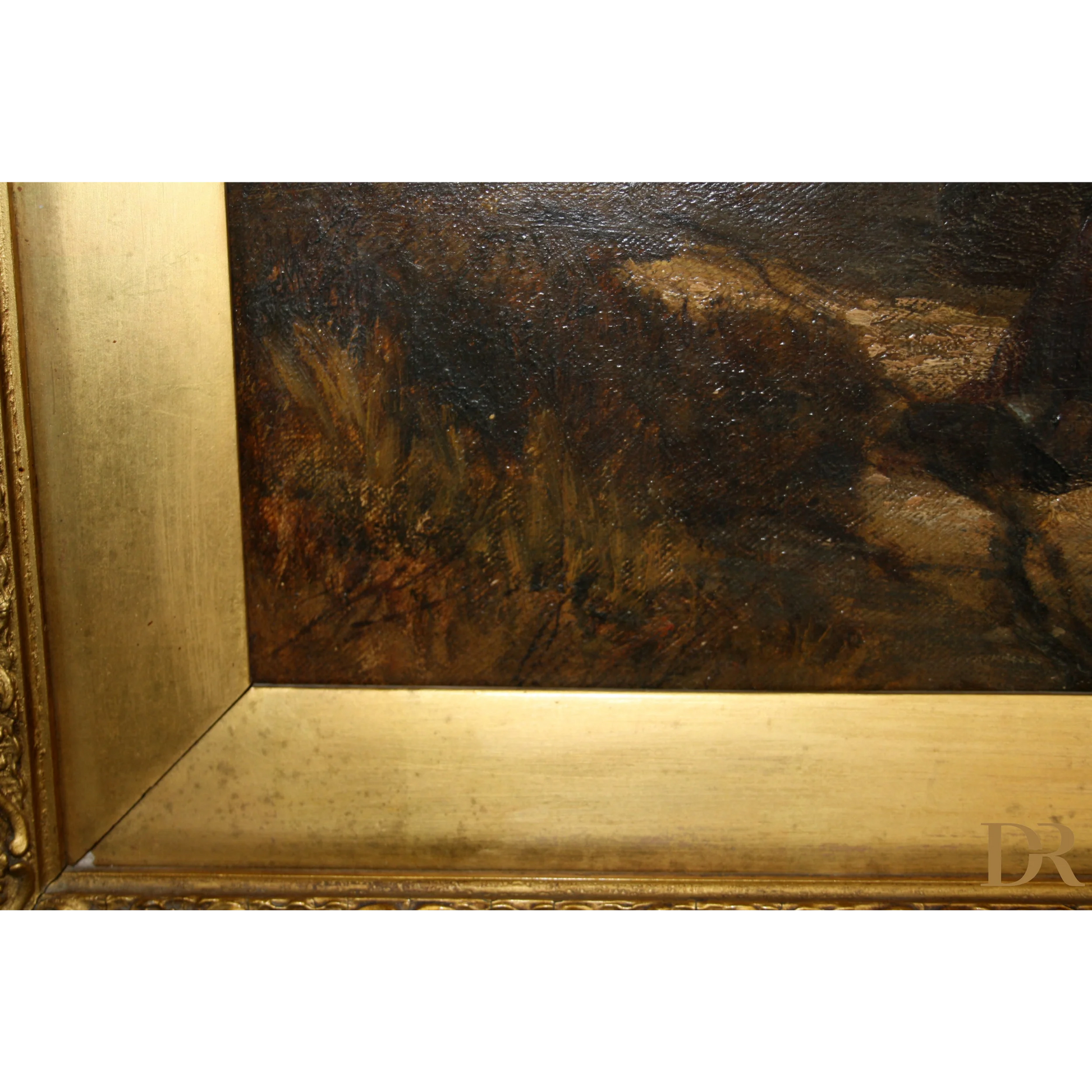 Cornice dorata ornata con paesaggio oscuro dipinto di Joseph Paul Pettitt, XIX secolo