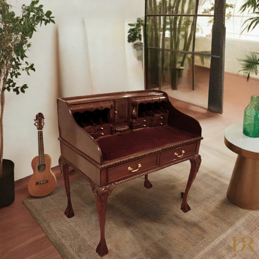 Antico scrittoio scrivania ufficio in stile Chippendale inglese con secretaire noce gambe inarcate