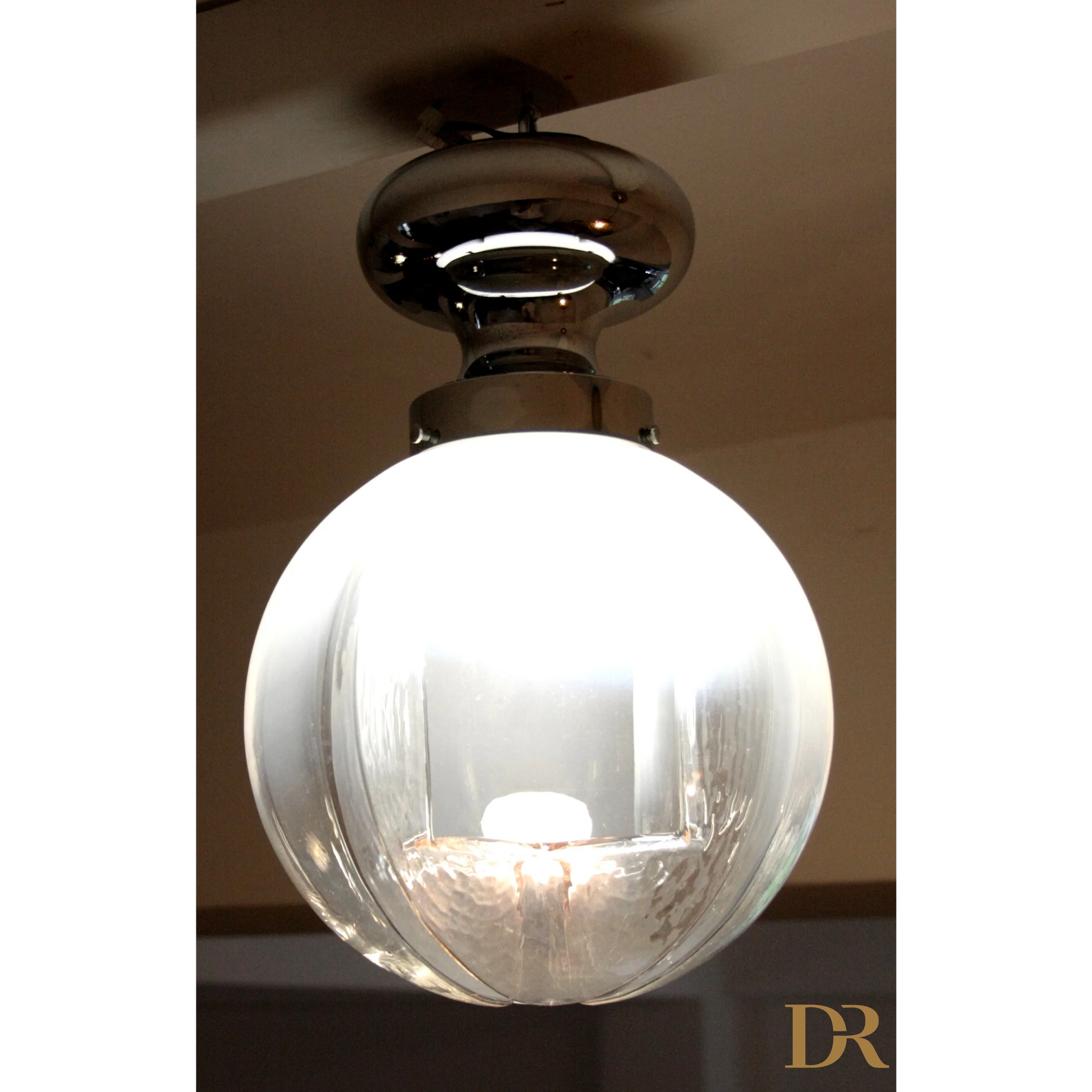 Lampada da soffitto cromata con vetro soffiato Italia anni 60, plafoniera elegante