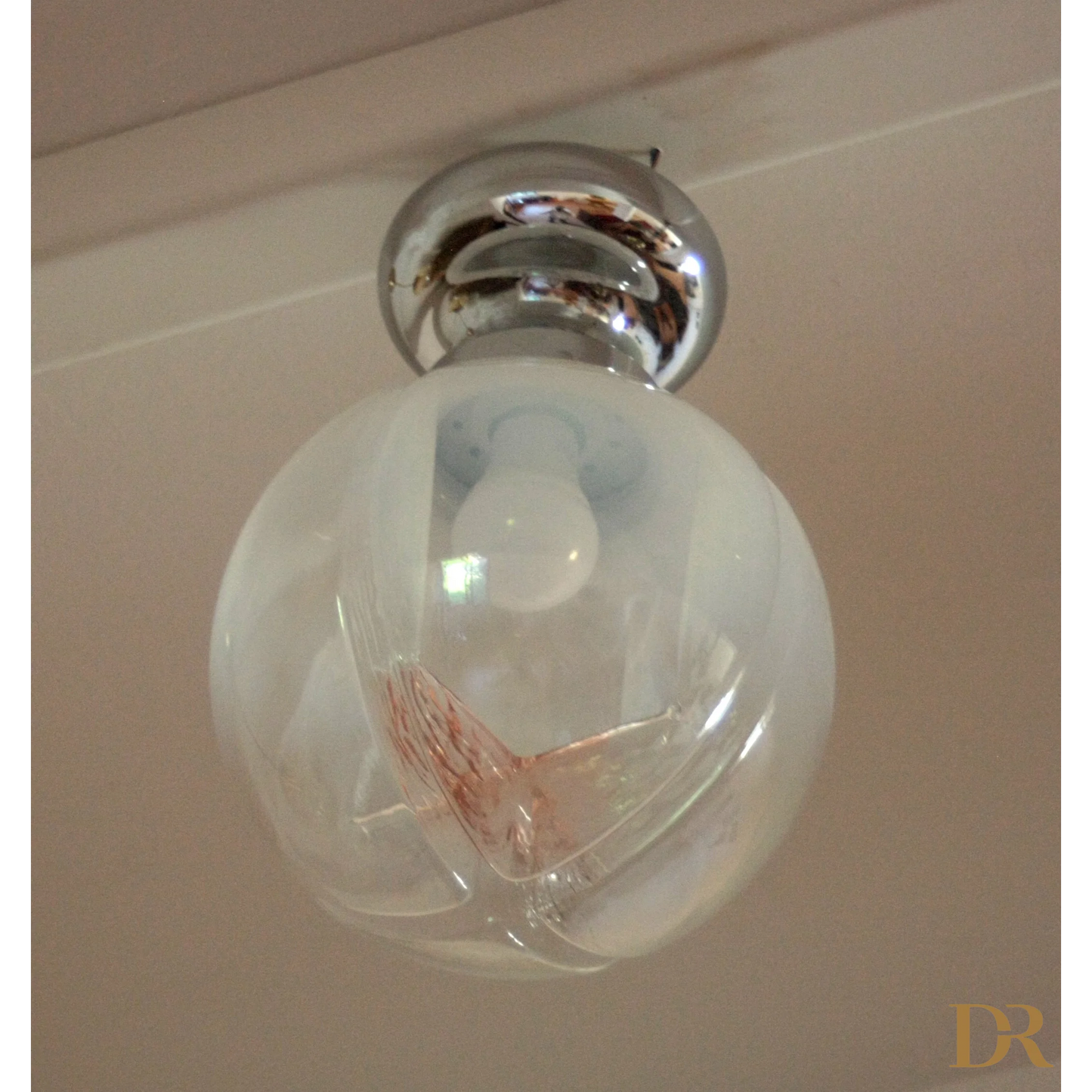 Lampada da soffitto cromata con vetro soffiato, stile Italia anni 60