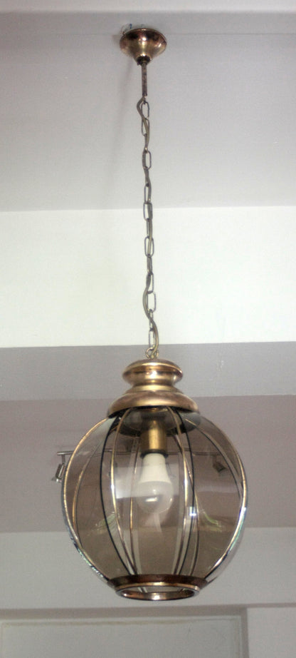 Lampadario in ottone con vetri fumé a spicchi, seconda metà XX secolo