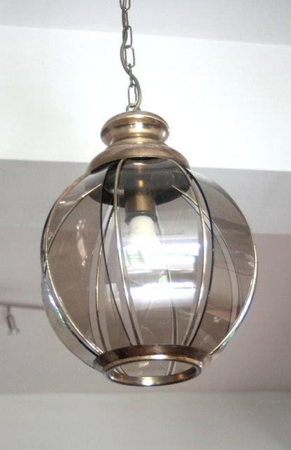 Lampadario in ottone con vetri fumé a spicchi, seconda metà XX secolo