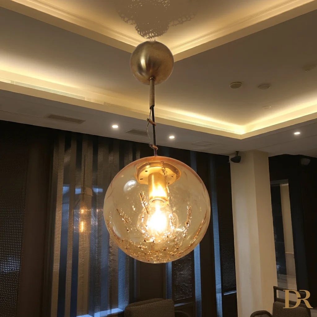 Pendolo sferico in vetro trasparente, design italiano anni 70, ottone firmato La Murrina