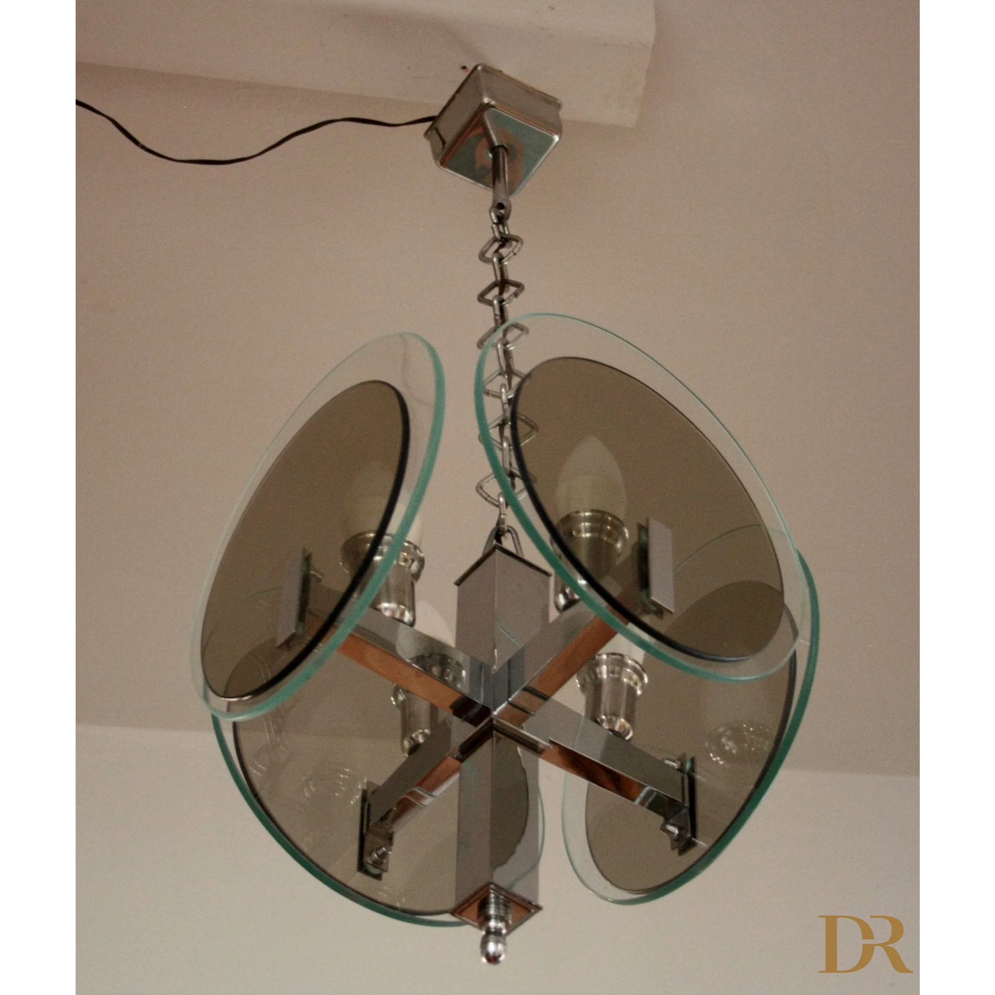 Lampadario vintage art déco in metallo cromato e vetro con chandelier in cristallo