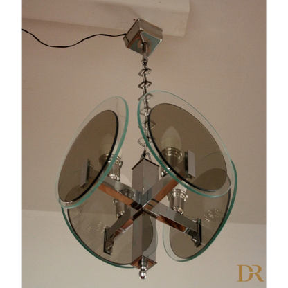 Lampadario vintage art déco in metallo cromato e vetro con chandelier in cristallo