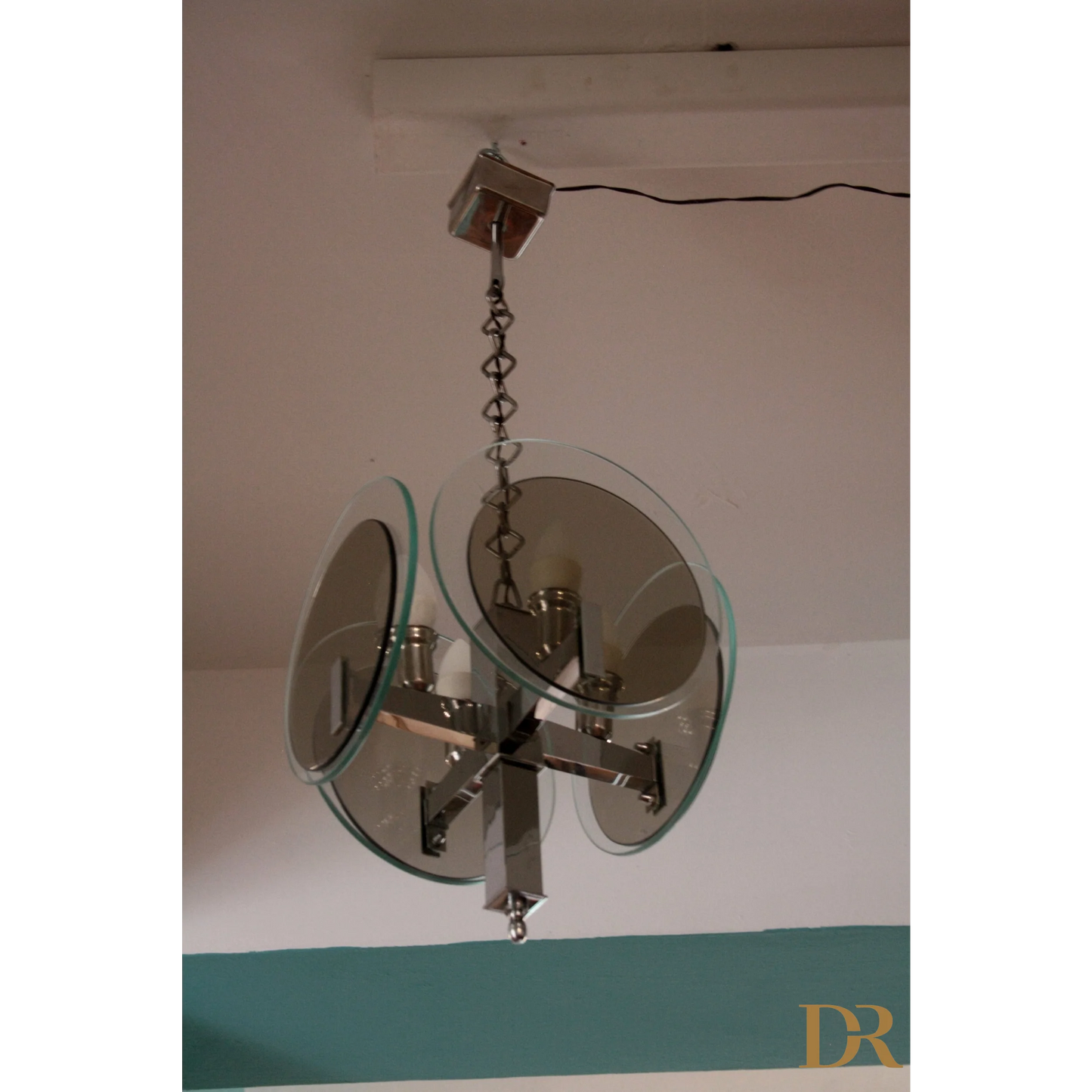 Lampadario vintage Art Déco in metallo cromato e vetro, stile vintage art degli anni 70