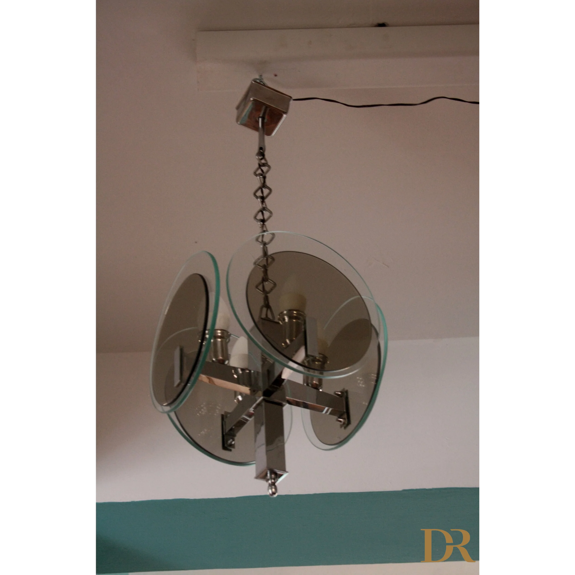 Lampadario vintage Art Déco in metallo cromato e vetro, stile vintage art degli anni 70