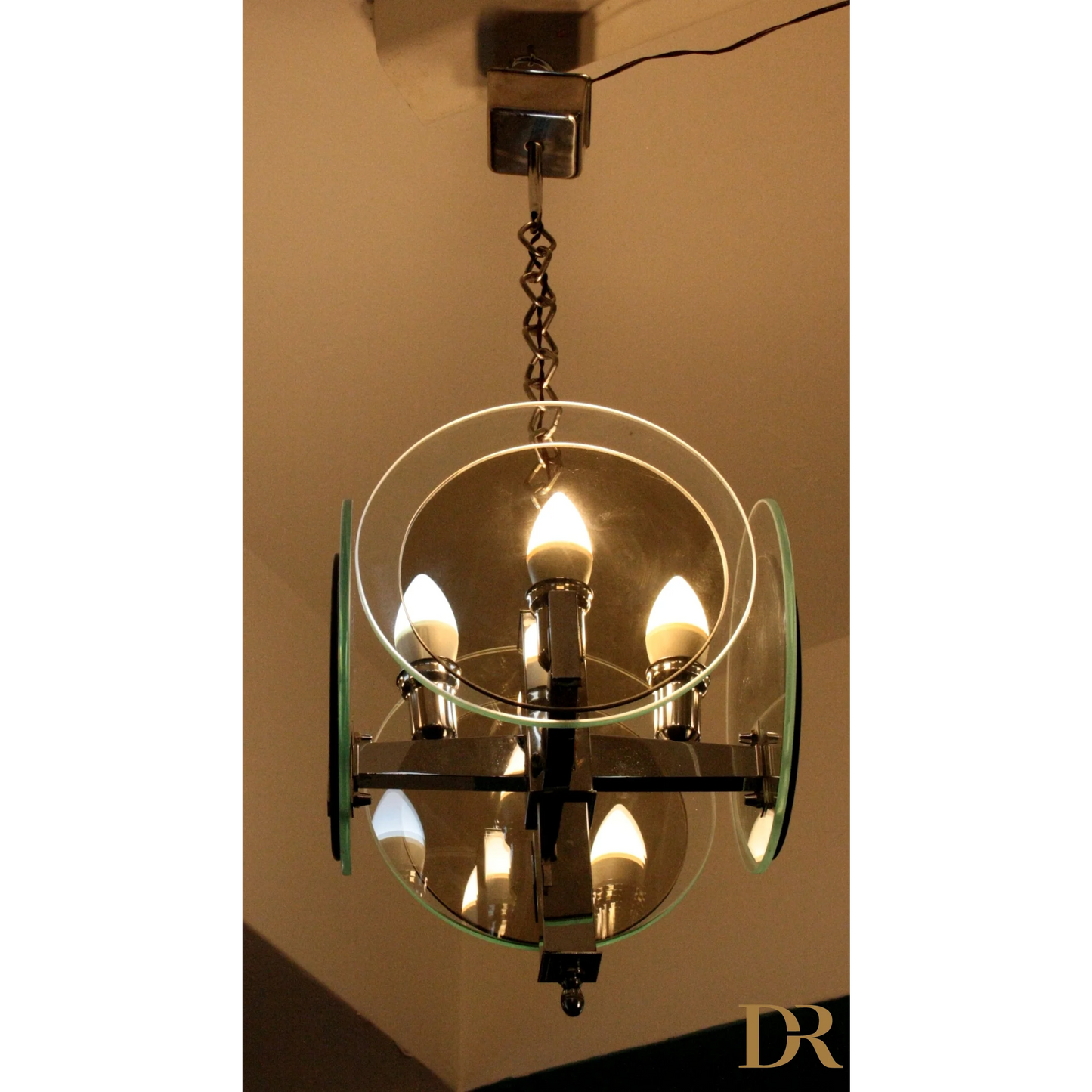 Lampadario vintage Art Déco in metallo cromato e vetro, stile anni 70 Italia