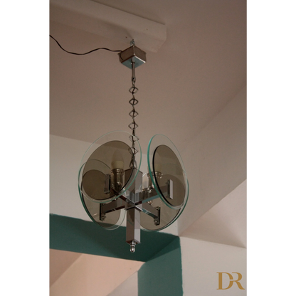 Lampadario vintage art in metallo cromato e vetro, stile anni 70 Italia