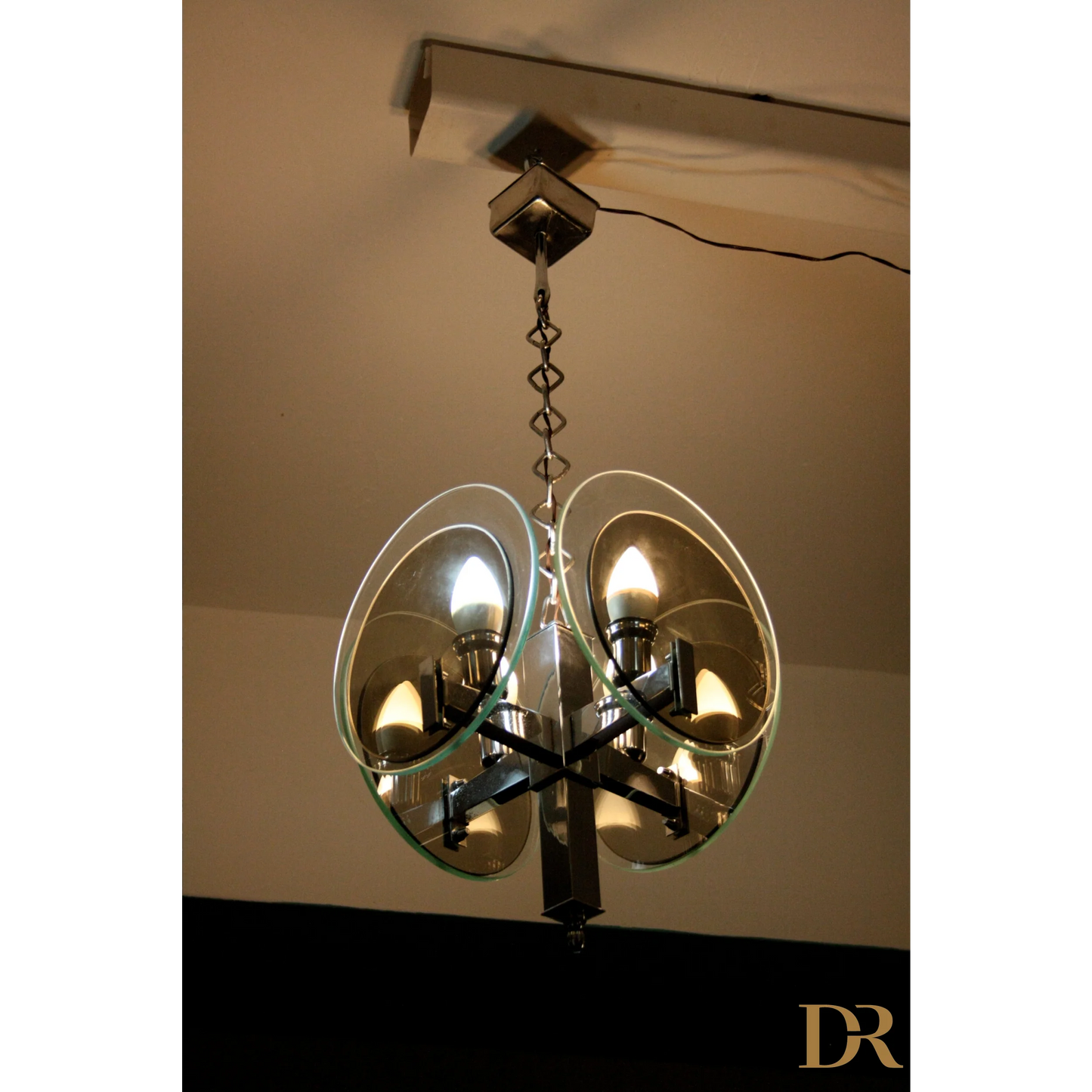 Lampadario vintage art in metallo cromato e vetro stile anni 70 Italia